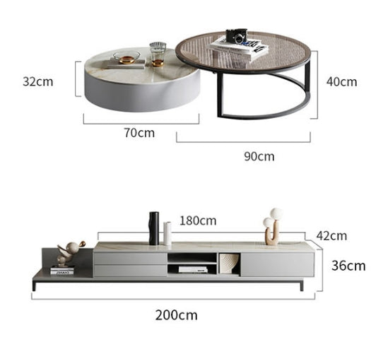 CHI Morden Round Nesting Coffee Table With TV Stand, Black Leg-Weilai Concept-Weilai Concept