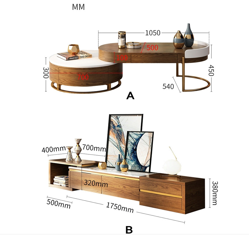 Ouezzane Nesting Coffee Table Set, With TV Stand, Oak-Weilai Concept-Weilai Concept