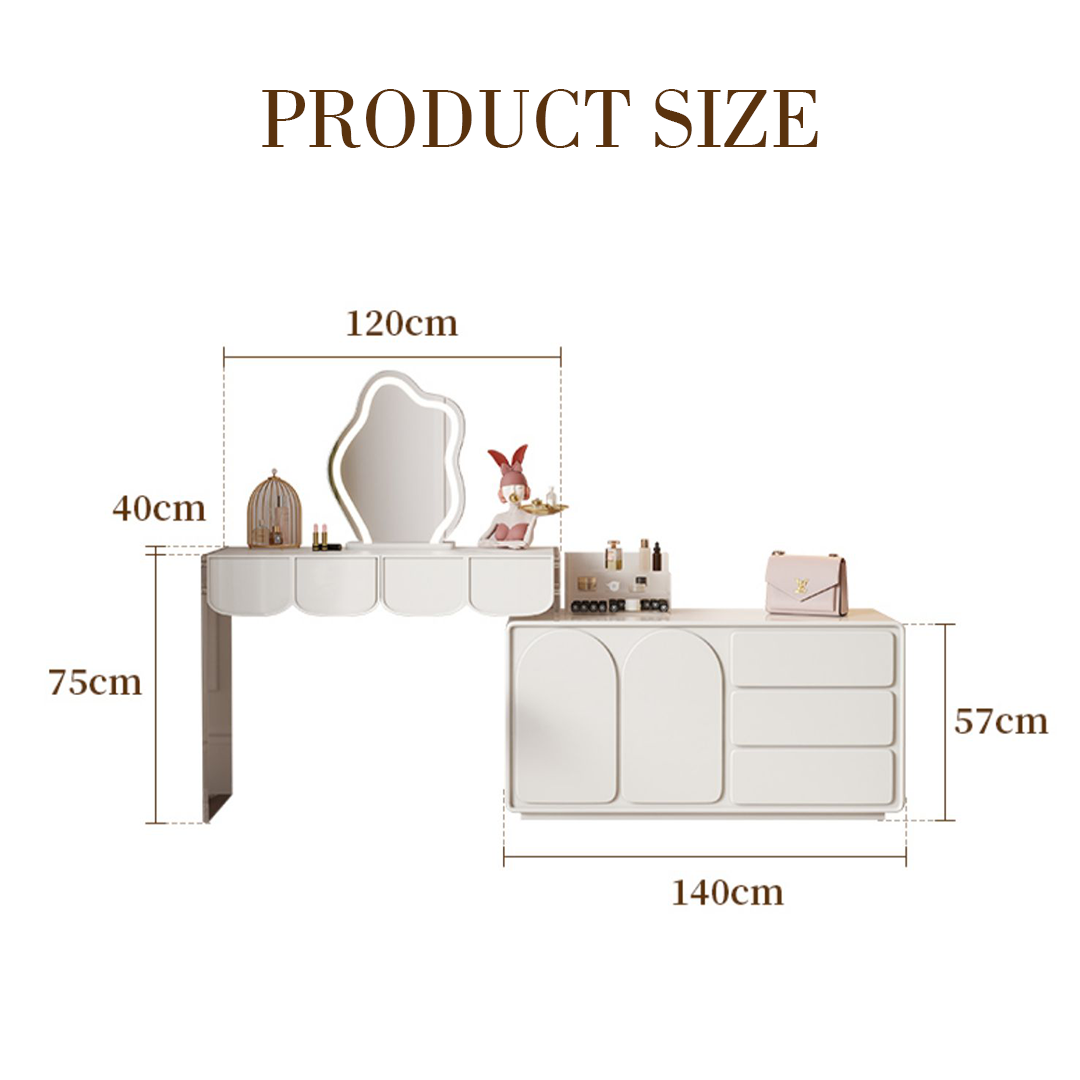 Zenith Dressing Table With Sideboard & LED Mirror, Cream-Weilai Concept-Weilai Concept