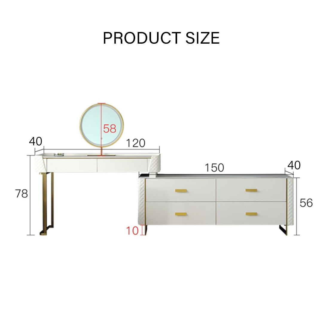 Duran Dressing Table With LED Mirror, Cream-Weilai Concept-Option 1 With 150cm Chest of Drawers-With Stool-Weilai Concept
