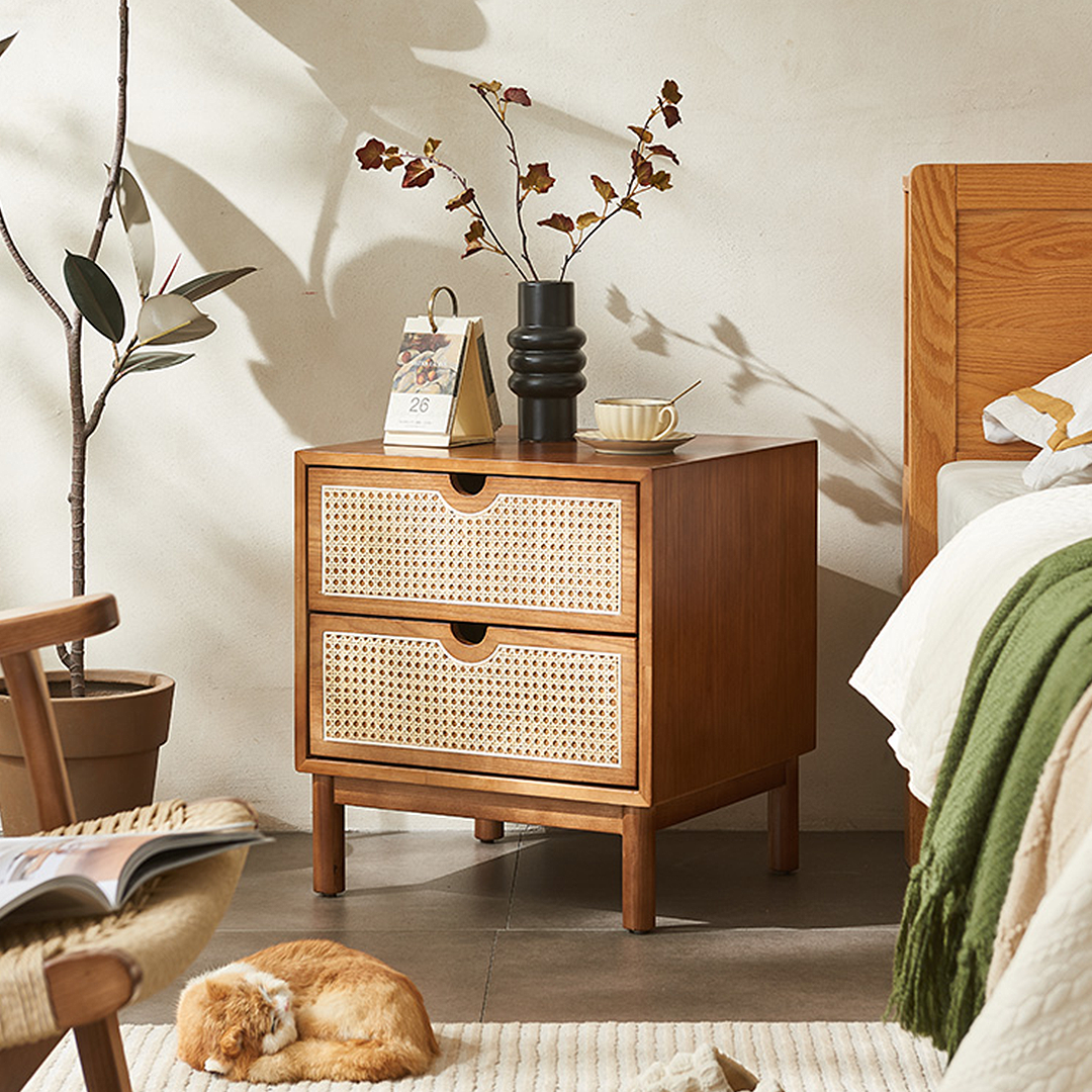 Kogi Bedside Table Solid Wood, Rattan-Weilai Concept-Weilai Concept