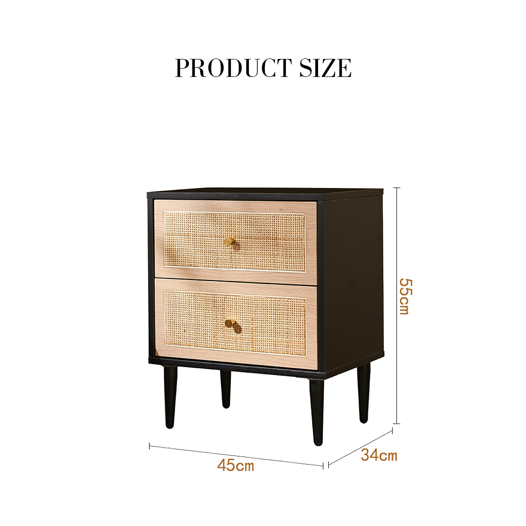 Tsaatan Wood Bedside Table, Rattan, Black-Weilai Concept-Weilai Concept