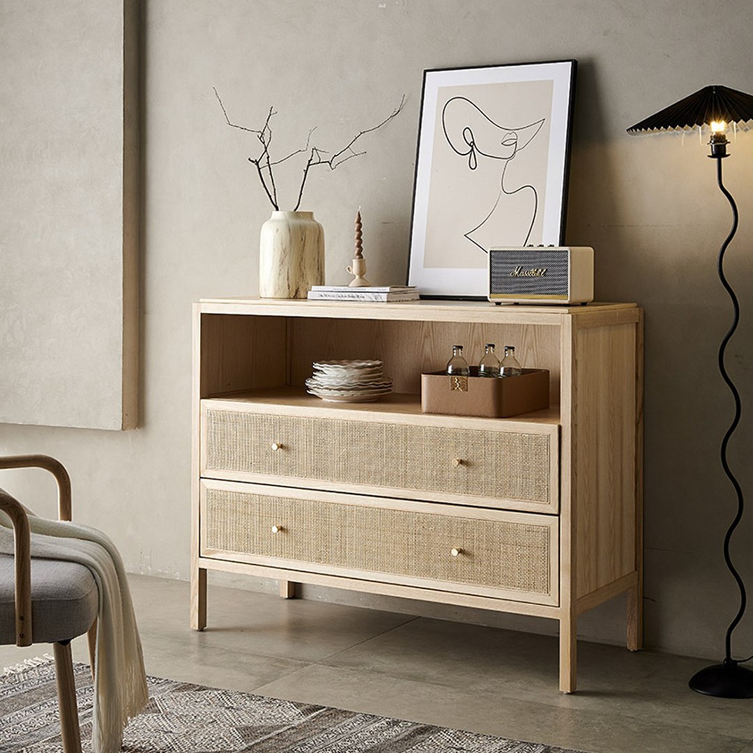 San Vintage Sideboard, Rattan & Solid Wood, Oak-Weilai Concept-Weilai Concept