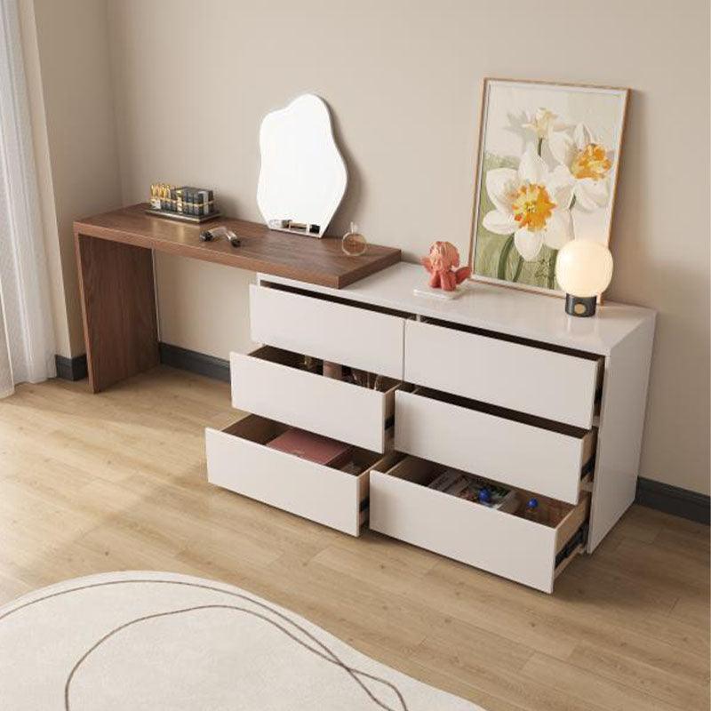 Nevada Dressing Table with Sideboard & Stool-Weilai Concept-Off White + Walnut-Round Mirror ( NO LED Light )-Weilai Concept