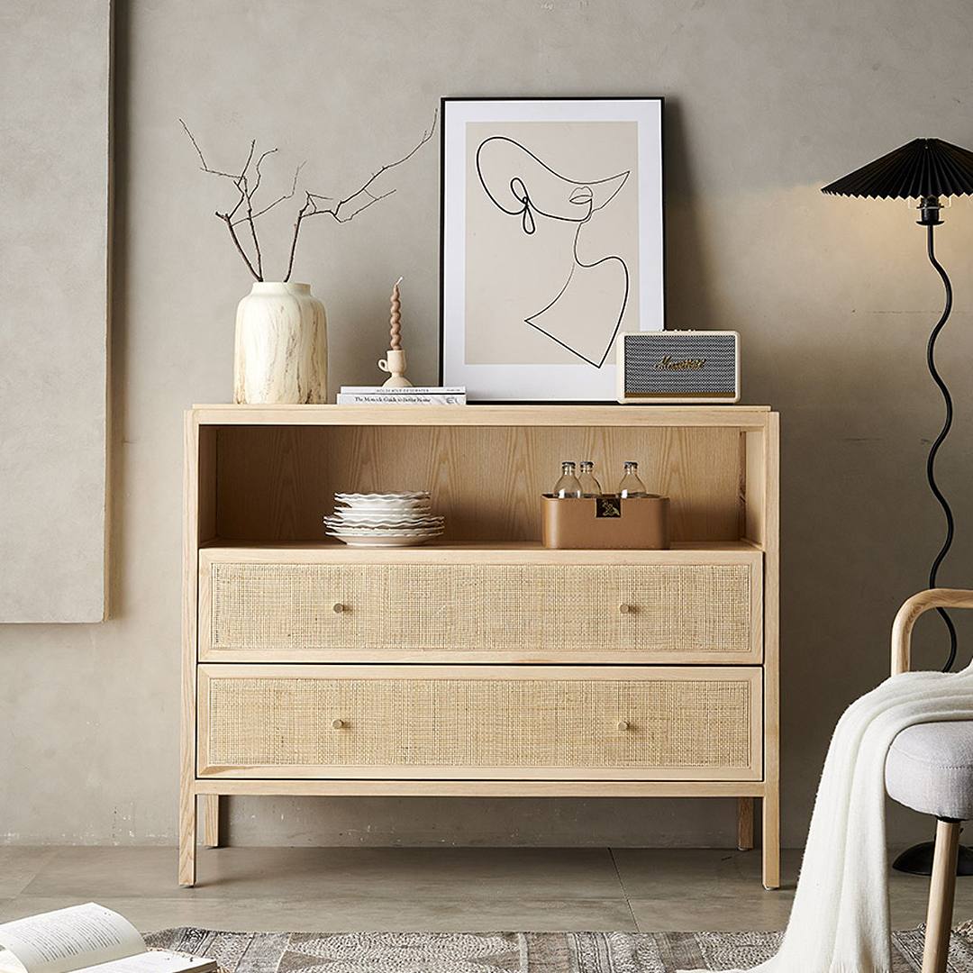 San Vintage Sideboard, Rattan & Solid Wood, Oak-Weilai Concept-Weilai Concept