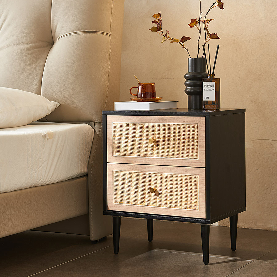 Tsaatan Wood Bedside Table, Rattan, Black-Weilai Concept-Weilai Concept