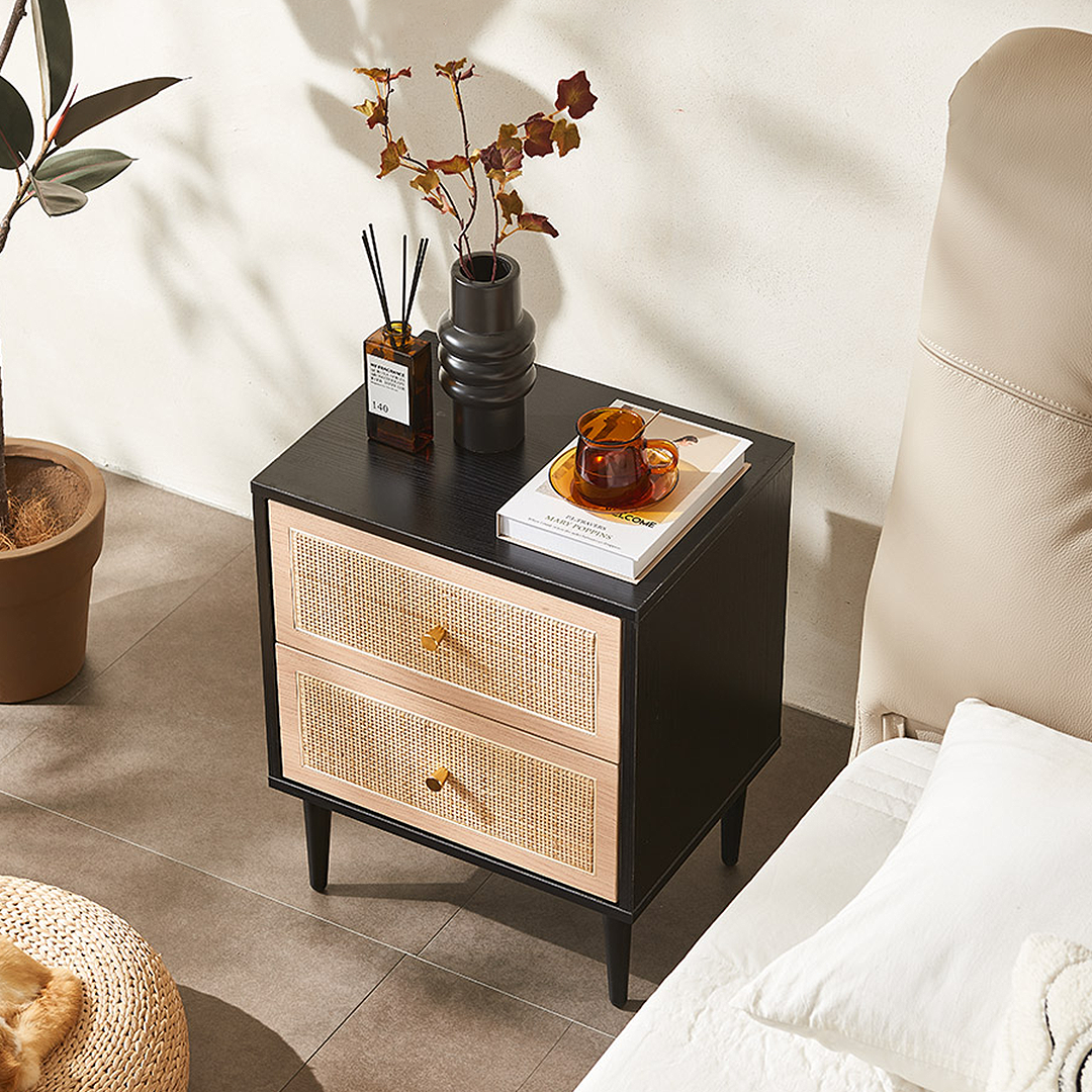 Tsaatan Wood Bedside Table, Rattan, Black-Weilai Concept-Weilai Concept