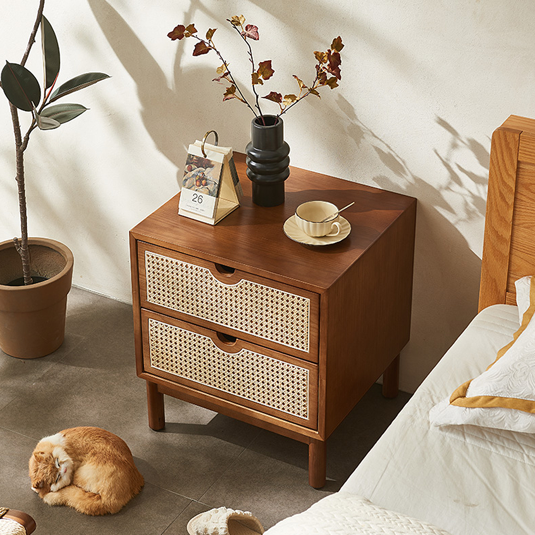 Kogi Bedside Table Solid Wood, Rattan-Weilai Concept-Weilai Concept