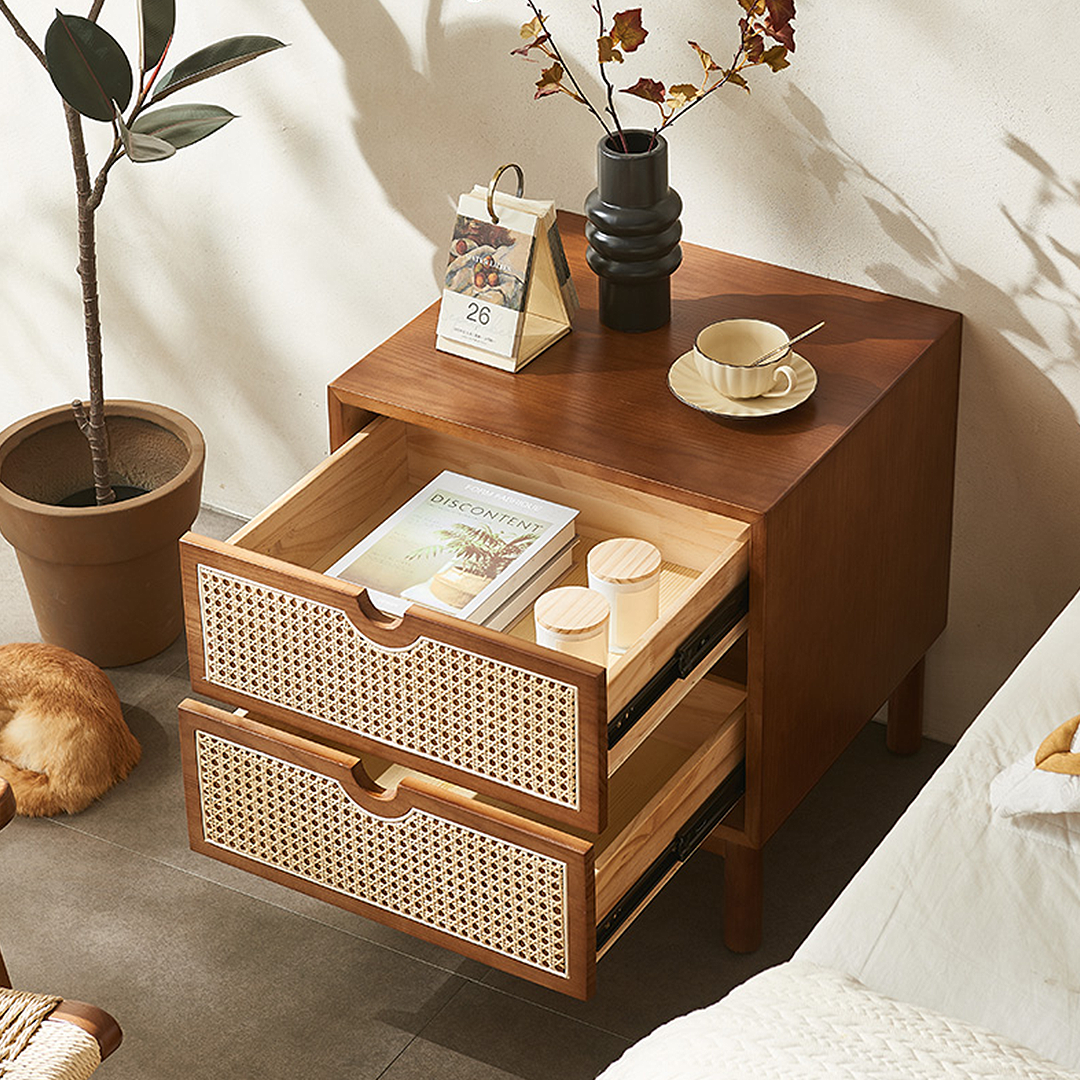 Kogi Bedside Table Solid Wood, Rattan-Weilai Concept-Weilai Concept