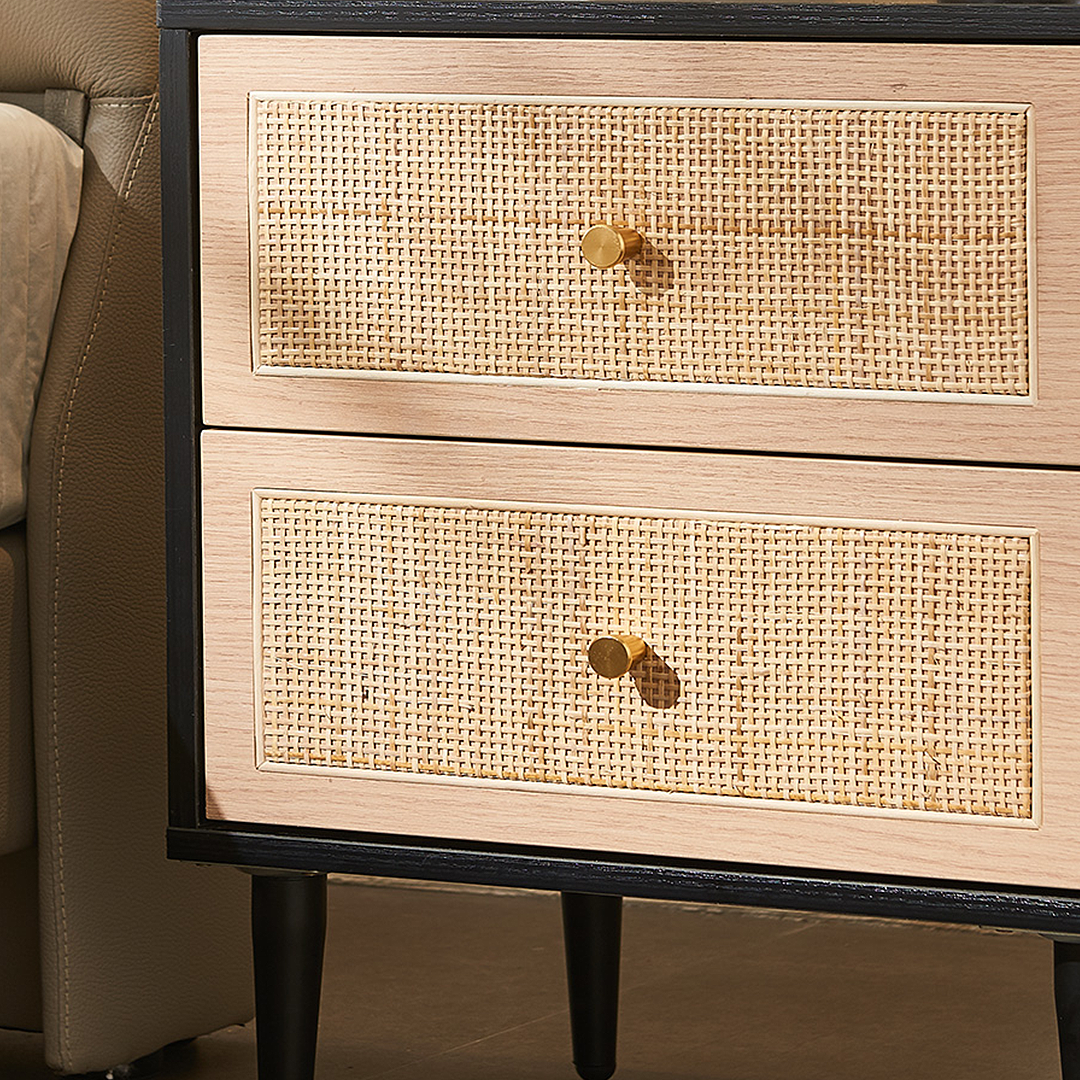 Tsaatan Wood Bedside Table, Rattan, Black-Weilai Concept-Weilai Concept