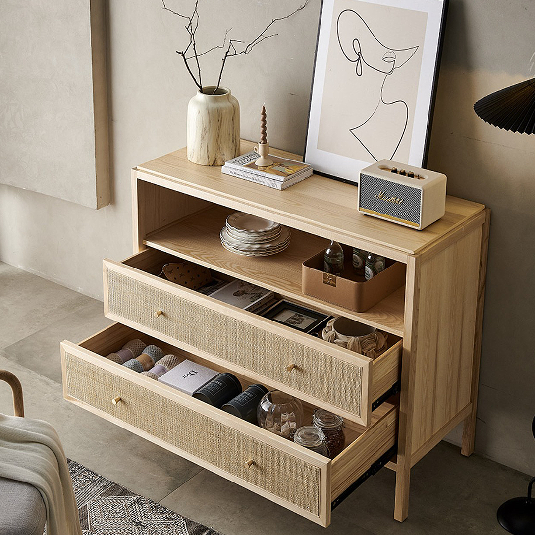 San Vintage Sideboard, Rattan & Solid Wood, Oak-Weilai Concept-Weilai Concept