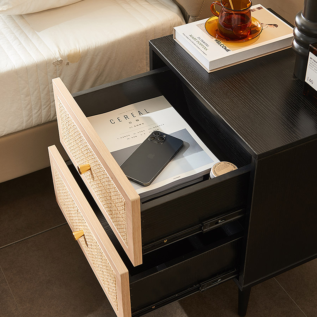 Tsaatan Wood Bedside Table, Rattan, Black-Weilai Concept-Weilai Concept
