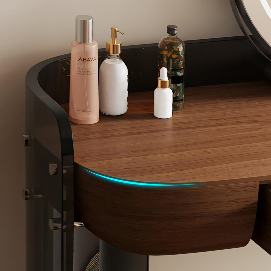 Thomas Dressing Table With Large LED Mirror, Walnut & Black-Weilai Concept-Weilai Concept