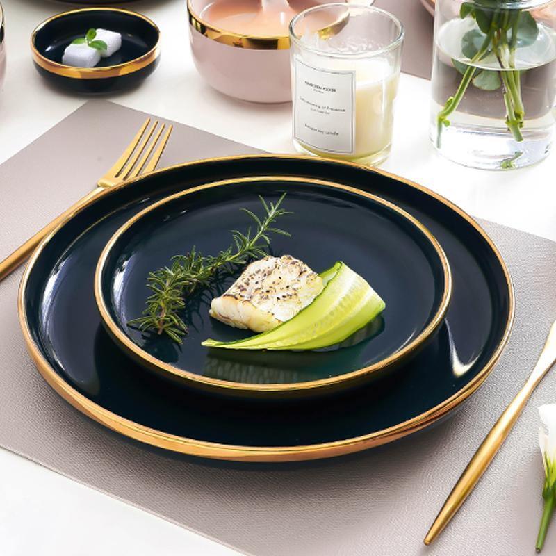 8 Piece Dinner Set, Pink And Dark Blue-Weilai Concept-Weilai Concept