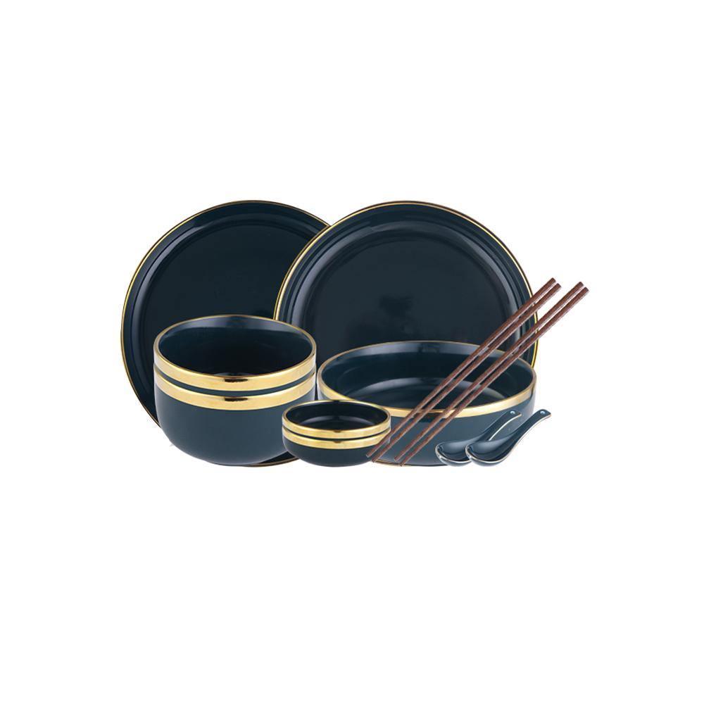 8 Piece Dinner Set, Pink And Dark Blue-Weilai Concept-Weilai Concept