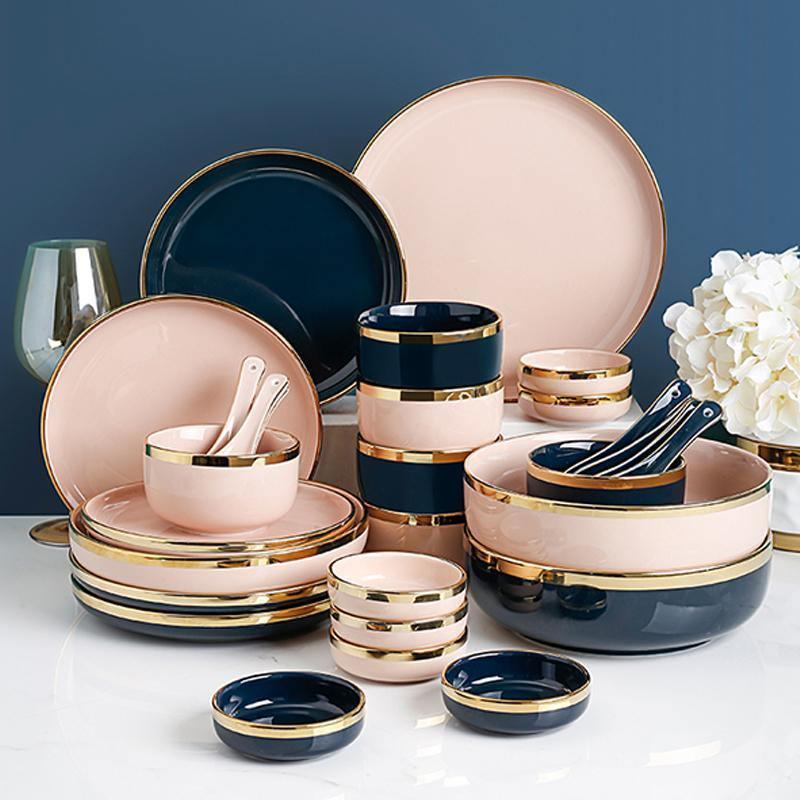 8 Piece Dinner Set, Pink And Dark Blue-Weilai Concept-Weilai Concept