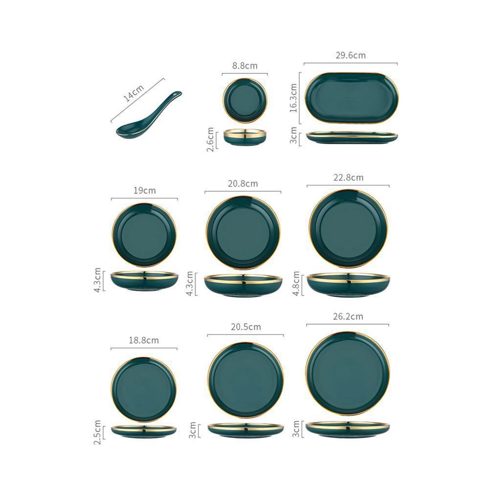9 Piece Dinner Set, Green And Gold-Weilai Concept-Weilai Concept