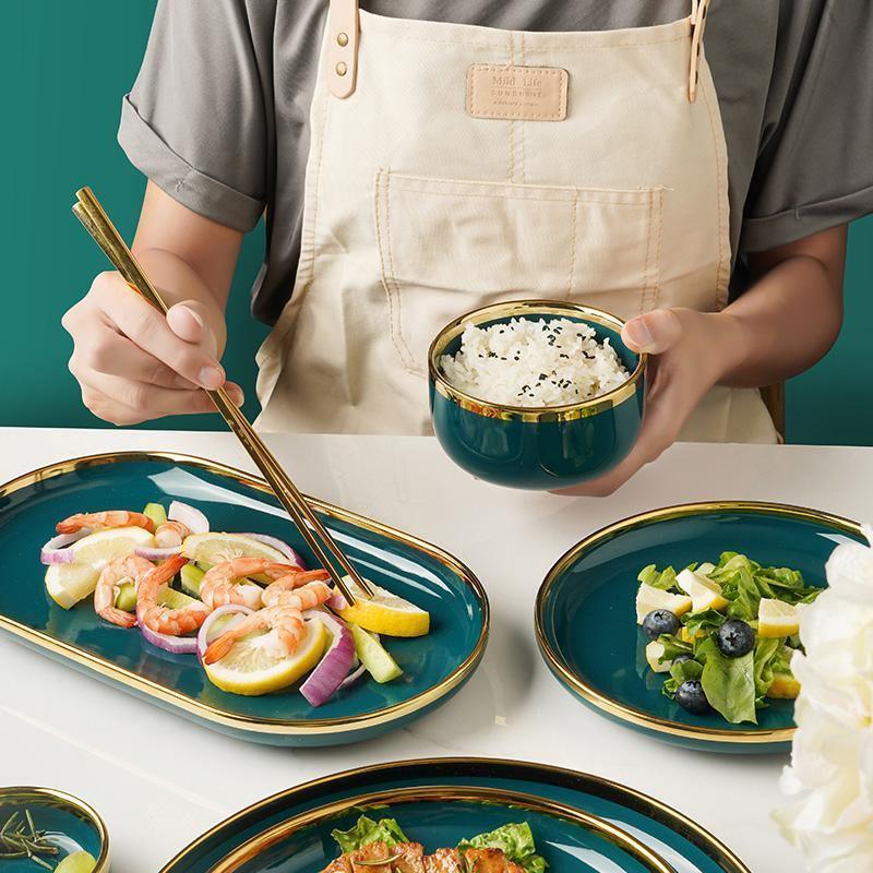 9 Piece Dinner Set, Green And Gold-Weilai Concept-Weilai Concept