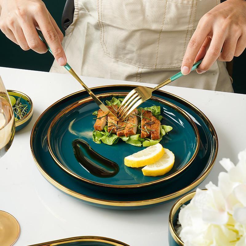 9 Piece Dinner Set, Green And Gold-Weilai Concept-Weilai Concept