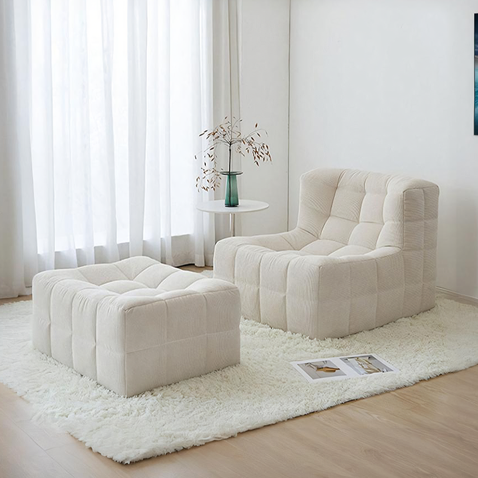 Bernice White Loung Chair And Ottoman, White Corduroy-Weilai Concept-Weilai Concept