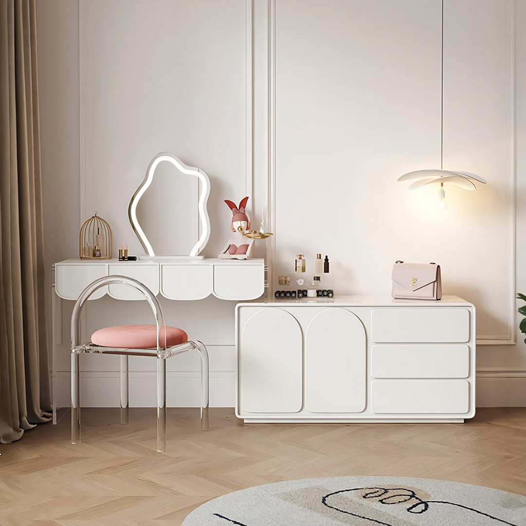 Zenith Dressing Table With Sideboard & LED Mirror, Cream-Weilai Concept-Weilai Concept