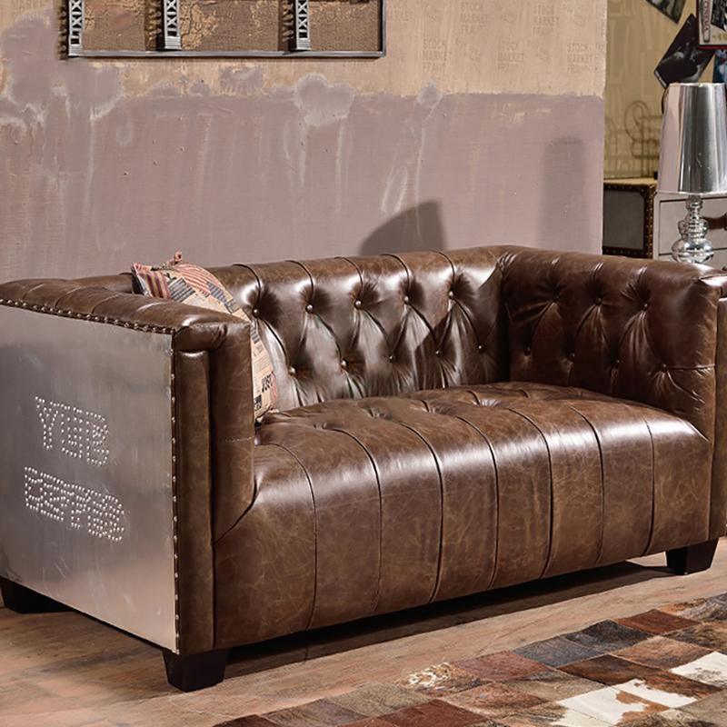 Aviator Three Seater Sofa, Real Leather And Aluminium-Sofas-Weilai Concept-Tan-Weilai Concept
