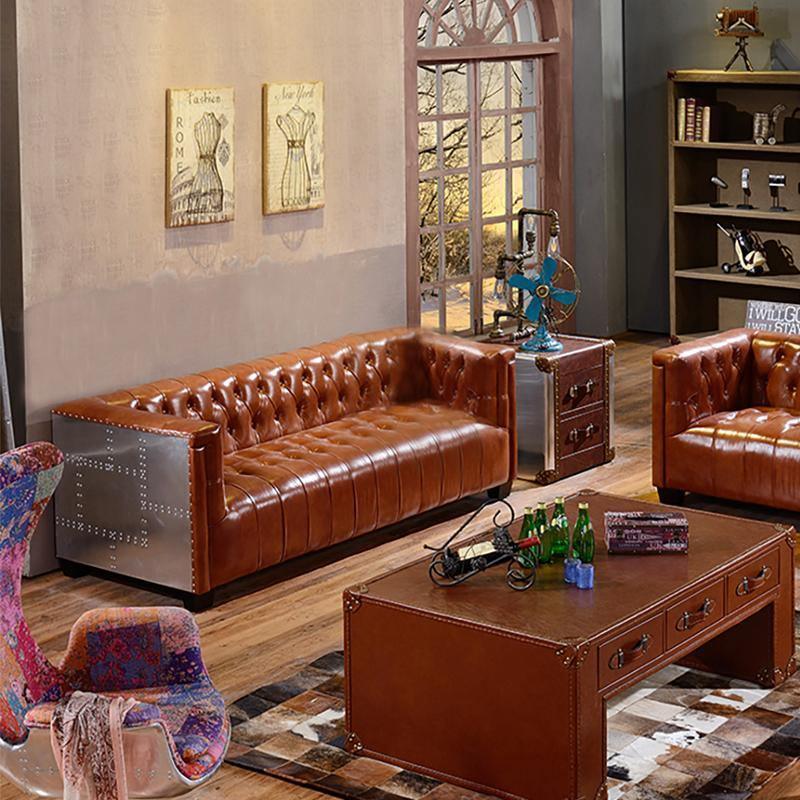 Aviator Three Seater Sofa, Real Leather And Aluminium-Sofas-Weilai Concept-Brown-Weilai Concept