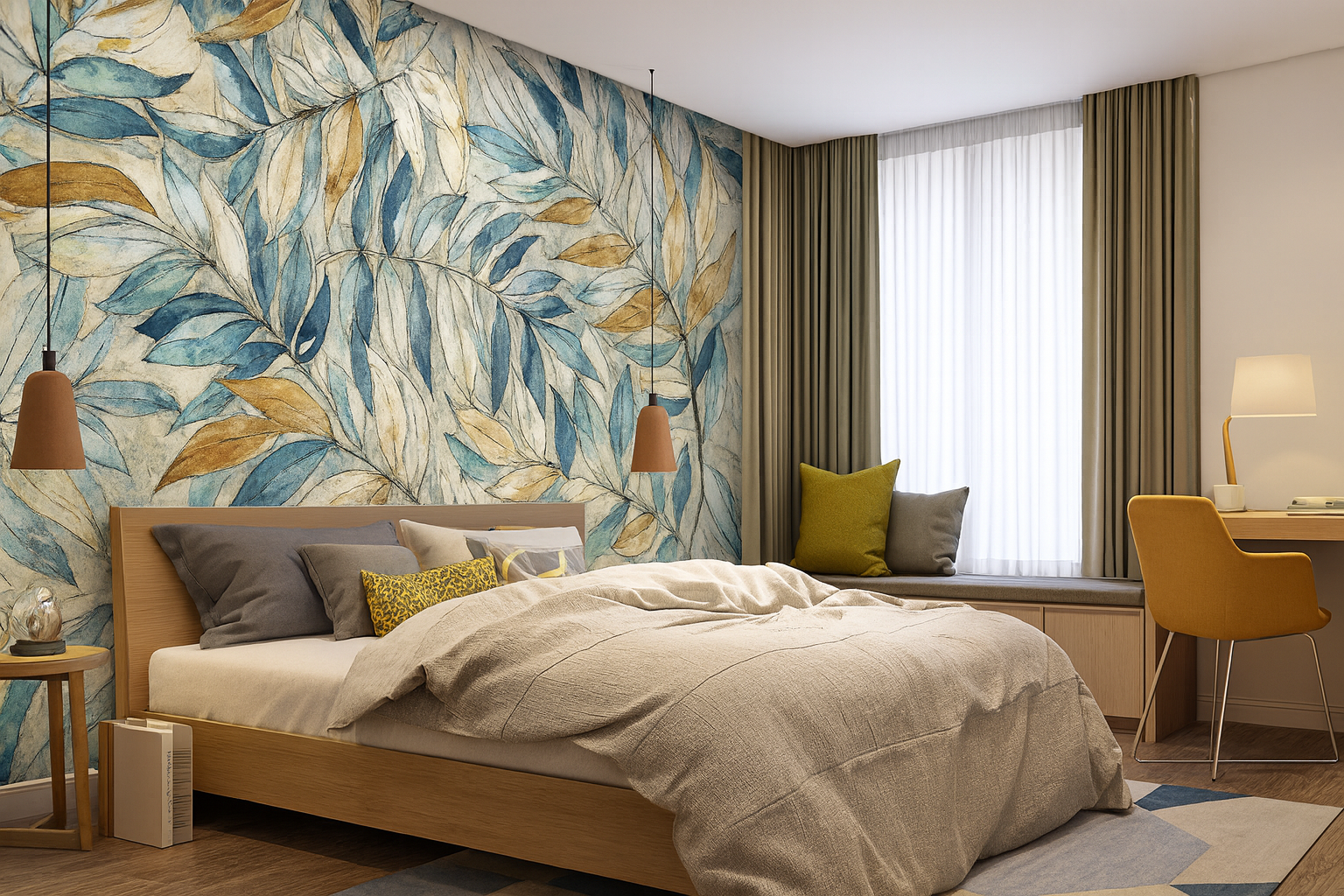 Modern Bedroom with Tropical Wallpaper Banner